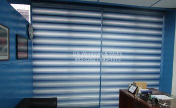 Blue combi blinds with color coordinated valence